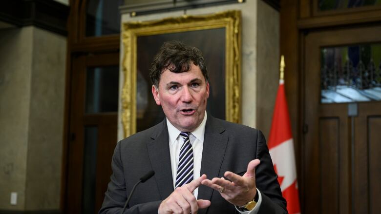 A man wearing a suit talks in front of a Canadian flag.