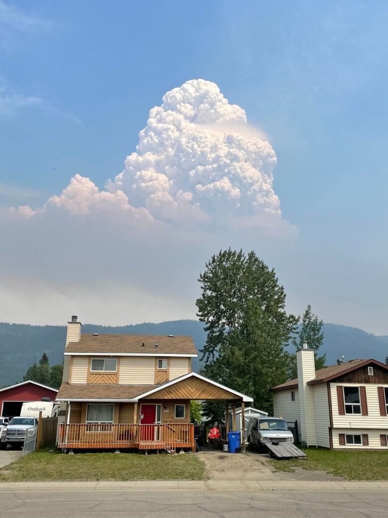 A cloud of smoke is seen behind a large mountain in the distance behind a row of rural houses.