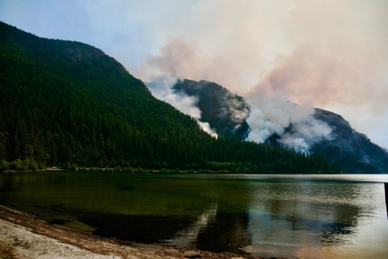 Plumes of smoke rise from a hilltop next to a picturesque lake.