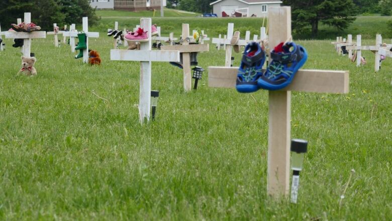 a row of crosses at the grounds of a residential school.