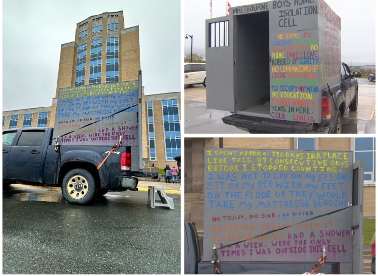 A box in the back of a pickup truck. It's about six feet high and as long as the bed of the truck. There's writing on the outside.