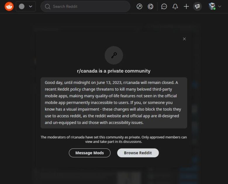 A screenshot of the r/canada announcement on why they went private. The text on the screen starts, 