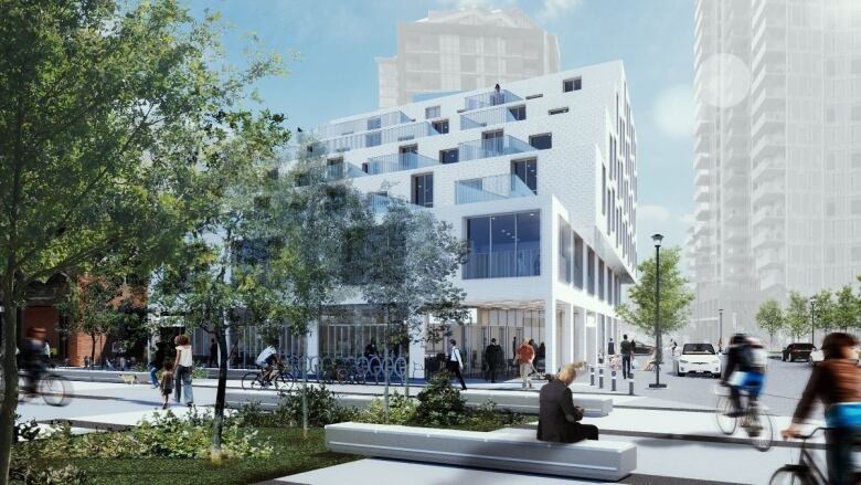 An artist rendering of a white brick apartment building with six stories.