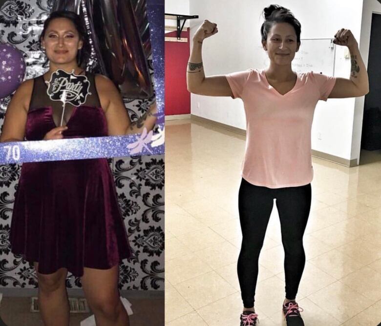 Side-by-side pictures of a woman showing her weight loss transformation. 