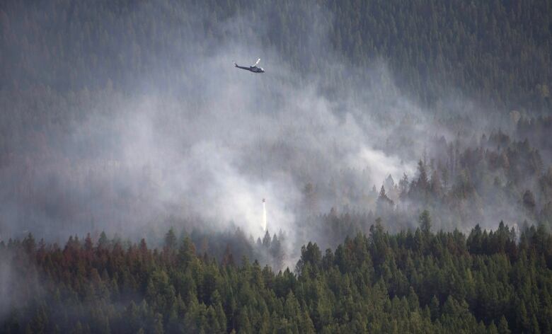 A helicopter dumps a load of water on a fire