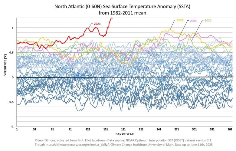 This image shows warming in the North Atlantic in 2023, compared to previous years and the normal, which is the 0 line. 