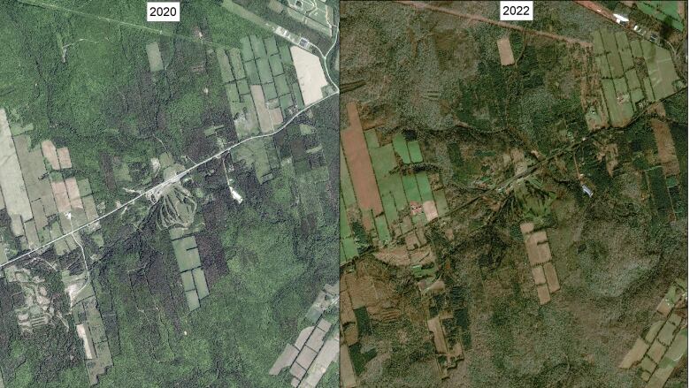 Satellite imagery shows an area over Brookvale P.E.I. in 202, left, and in 2022 after post-tropical storm Fiona.