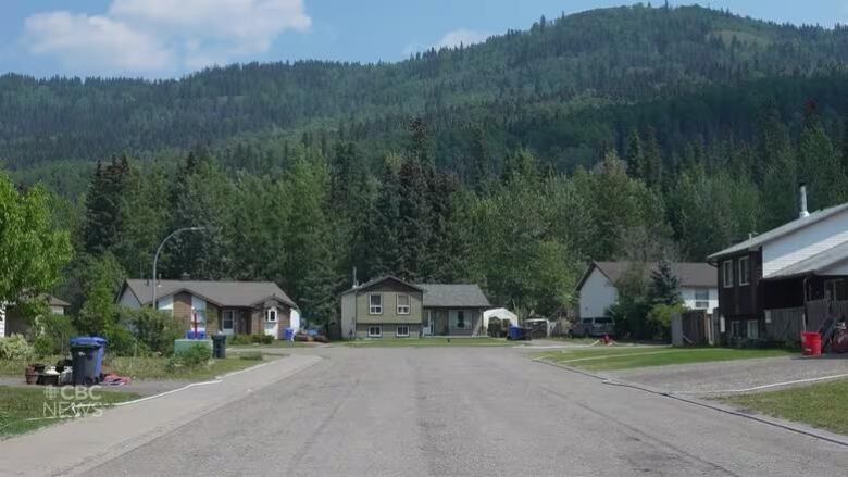 Homes on a street in Tumbler Ridge B.C. with mountains in the background and a blue sky.