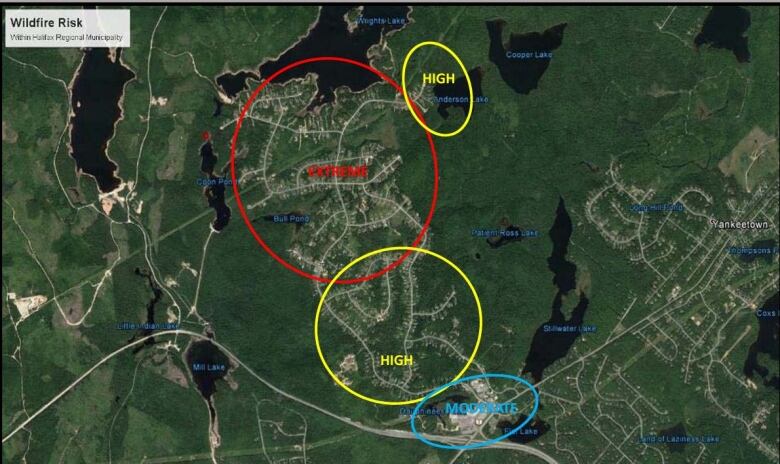 A Google earth map shows circles of red, yellow and blue around Tantallon areas