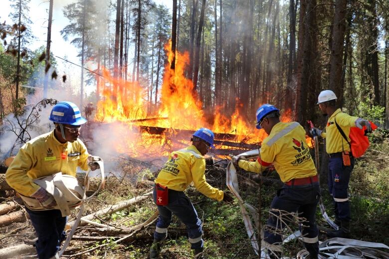 Firefighters in yellow shirts run hoses to put out a wildfire burning in the background.