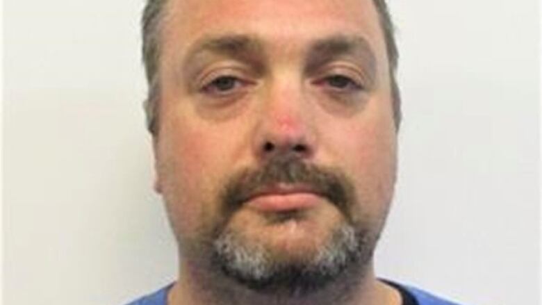 A man is seen in a mug shot with downturned eyes, thinning hair and a goatee. He's wearing a blue shirt.