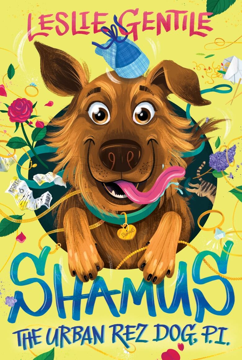 Illustrated book cover of a brown dog peaking through a circular hold with flowers coming out of it and a yellow background.