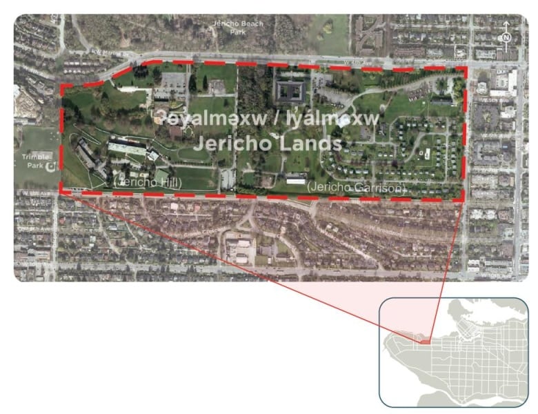 A satellite image of a large plot of land marked 'Jericho Lands' is seen with an inset map of the Westside of Vancouver.