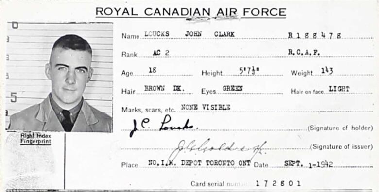 A black-and-white ID card of a Second World War Canadian airmen is shown. 