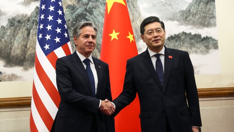 Two men stand in front of flags and shake hands.