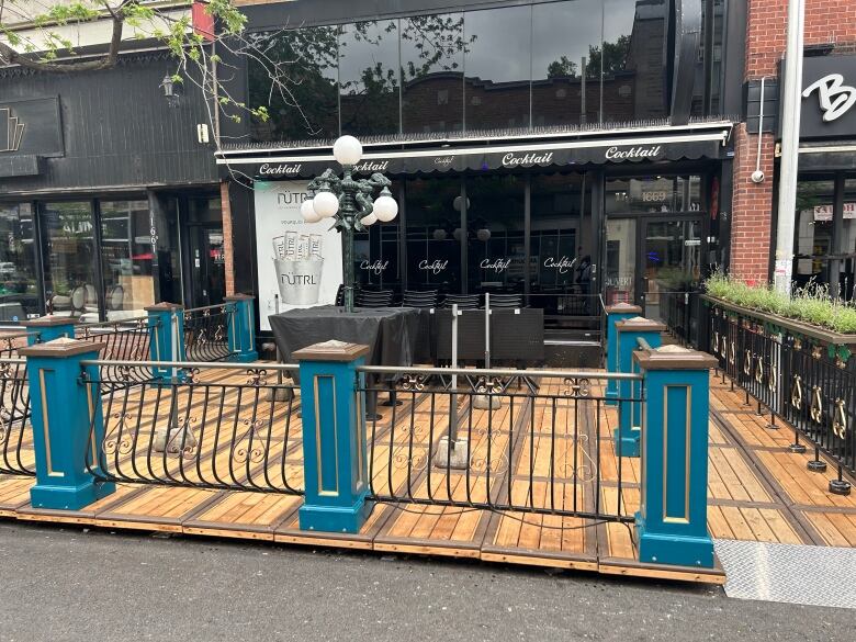 An outdoor patio in the Montreal village is empty.