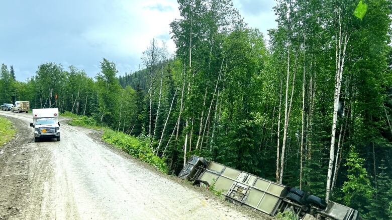 A bus in a ditch.