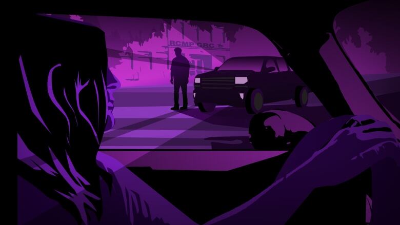 A digitally illustrated image of a woman sitting in a car looking across the street to a man standing next to his vehicle in front of a building with an RCMP sign on it. The entire image is in purple tones  the colour representing intimate partner violence violence.