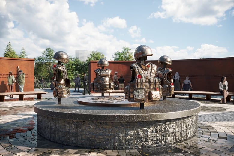 Image of four bronze flak jackets draped on crosses from Team Stimson's design concept for the National Monument to Canada's Mission in Afghanistan.