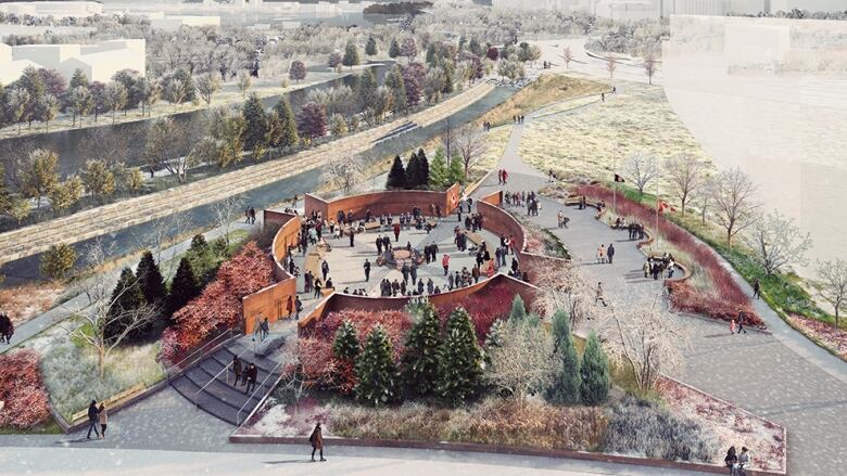 Image of Team Stimson's National Monument to Canadas Mission in Afghanistan design concept from above. It is planned to be located on LeBreton Flats in Ottawa, by the Canadian War Museum and the National Holocaust Monument.