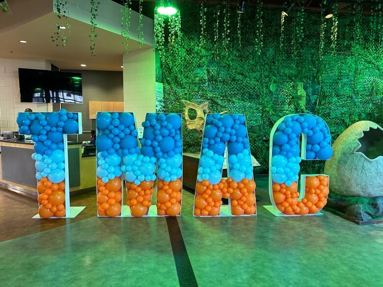 The letter T, M, A, and C where made of balloons for the event happening at Dynamic Earth in Sudbury, Ont.