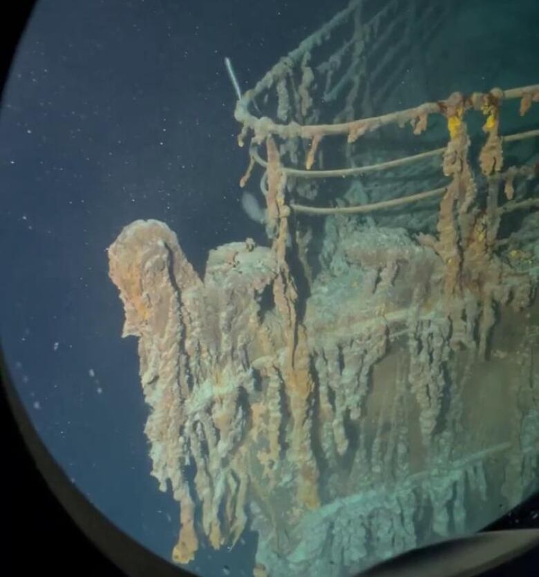 A photo of the wreckage of the Titanic through a porthole.