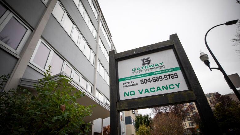 A rental availability sign showing no vacancy is pictured outside of an apartment building in Vancouver, B.C. 