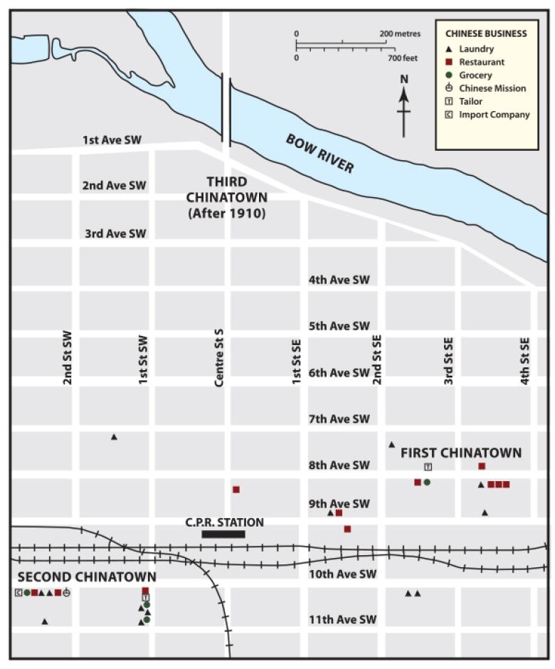 A map shows the site of Chinatowns throughout Calgary's history