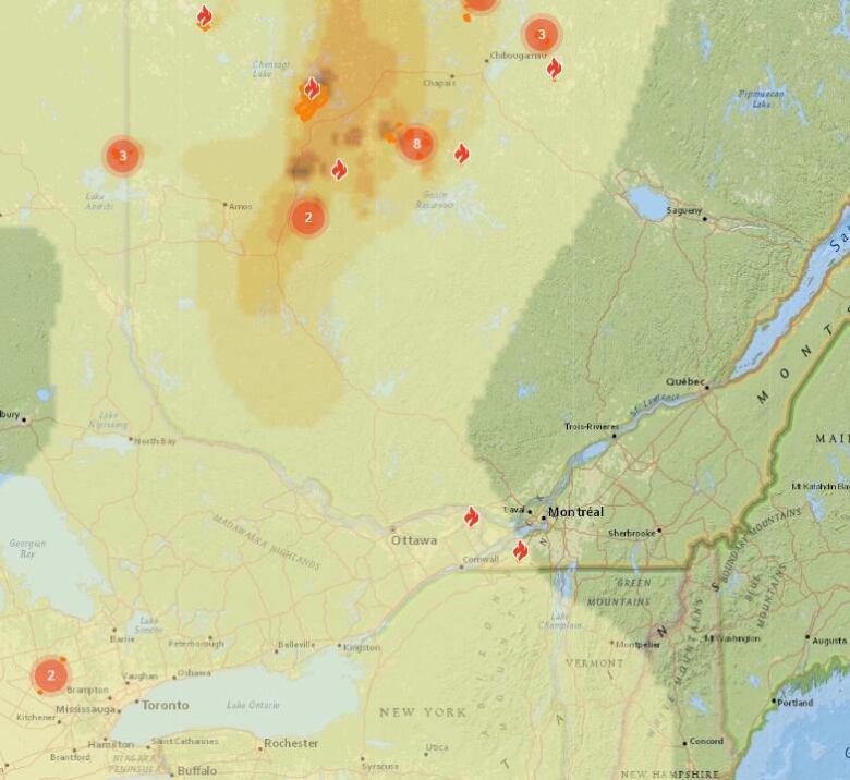 Map of particle concentration in Ontario and Quebec.