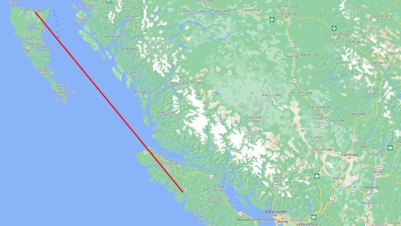 The red line on this Google map shows the approximate route a plane that crashed on Tuesday June 20, 2023 flew from the northeastern tip of Haida Gwaii where it crashed near the Tahsis Inlet