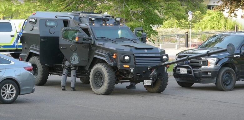 A heavily armoured truck with a battering ram attachment.