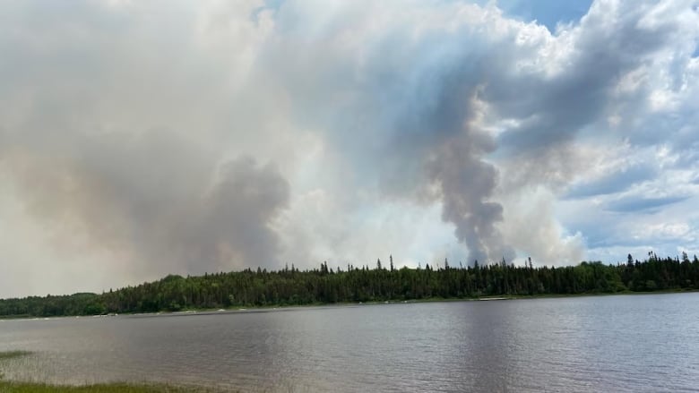 Lake with smoky forest in background