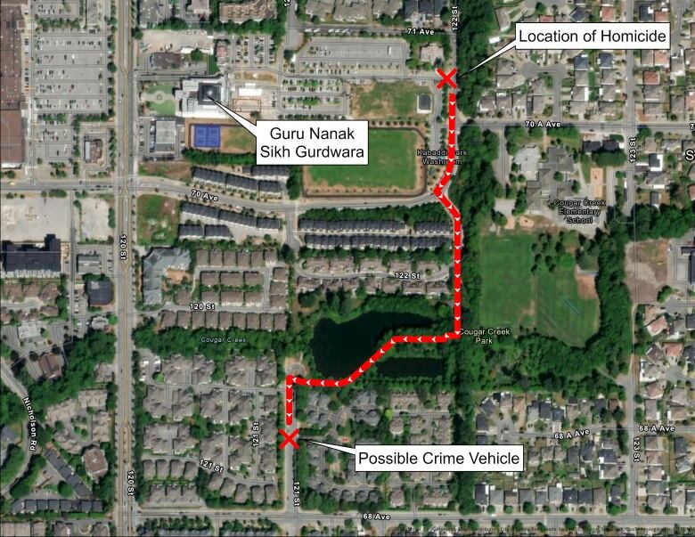 An overhead view traces a line south from the Guru Nanak Sikh Gurdwara in Surrey to a spot near 121 Street and 68 Avenue, with a red cross mark there ndicating 'possible crime vehicle'.