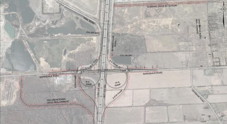 A map showing the future interchange at Barnsdale and Highway 416.