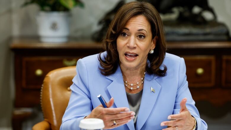 A woman in a suit jacket is shown speaking while seated at a table.