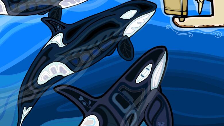 Woodland style painting of three orcas at a boat propeller.