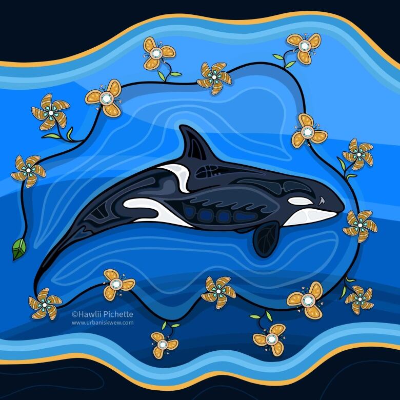 Woodland painting of whale surrounded by propeller flowers.