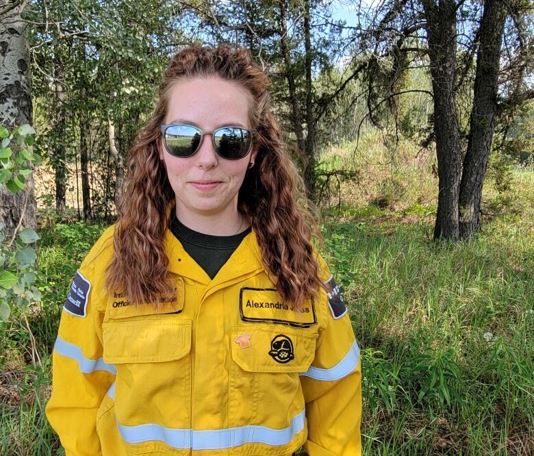 Woman in yellow jacket, sunglasses.