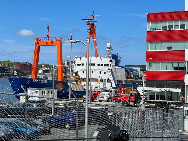 A ship rests at the coast guard wharf in St. John's.