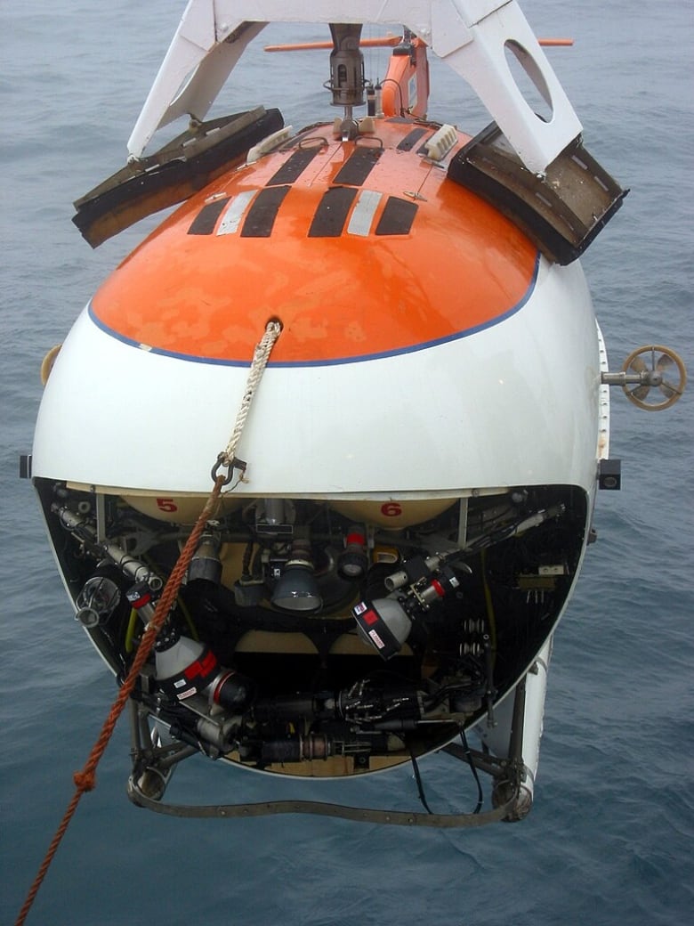 A submersible is held on a winch over the ocean.