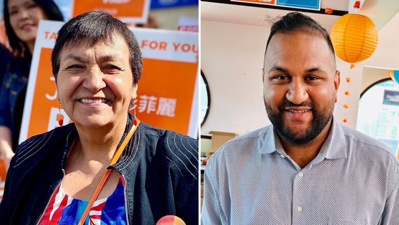 A composite of an Indigenous woman and a South Asian man smiling for pictures.