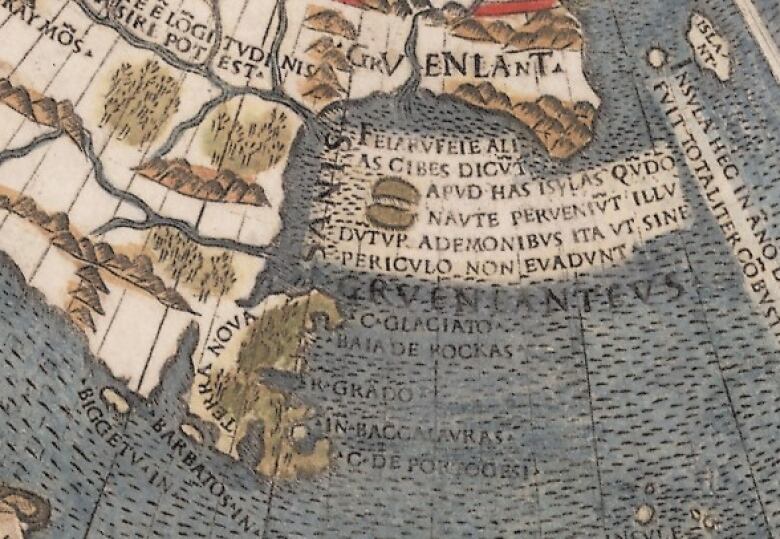 A 500-year-old map depicts two small islands lying between Newfoundland to the southwest and Greenland to the northeast.