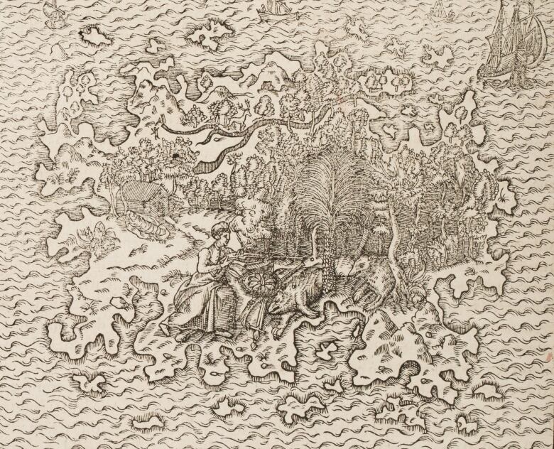 A centuries-old map depicts beasts and giant birds on an island.