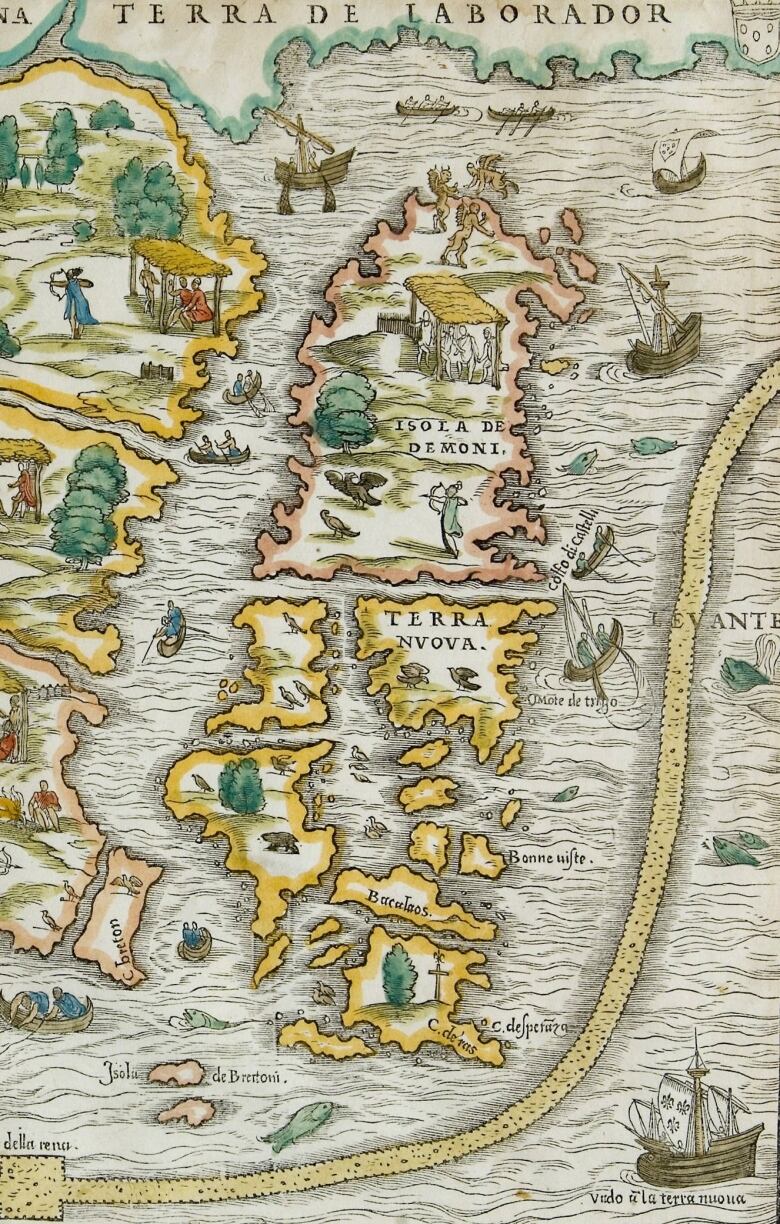 A colourful old map depicts islands inhabited by people, birds and animals.