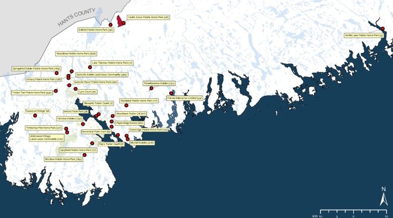 A map shows the Halifax area laid out in white, with red dots showing the locations of the parks