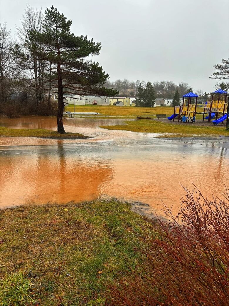 Floodwaters can be seen covering the grass and forming pools around a field, trees and playground in the distance