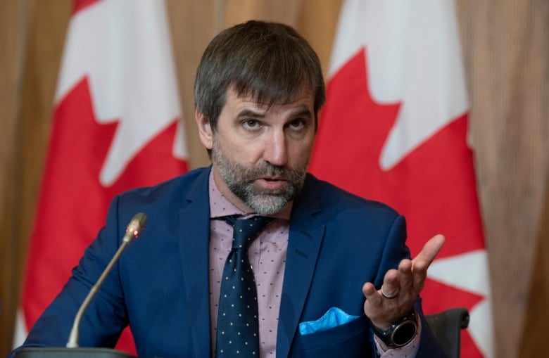 A bearded man in a blue suit gestures behind a microphone in front of a Canadian flag.