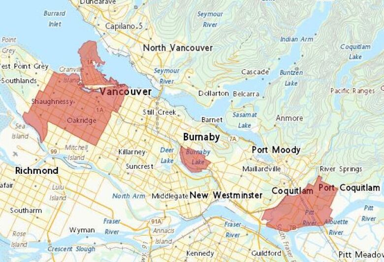 A map of Metro Vancouver with Port Coquitlam and a portion each of Vancouver and Burnaby highlighted in red.