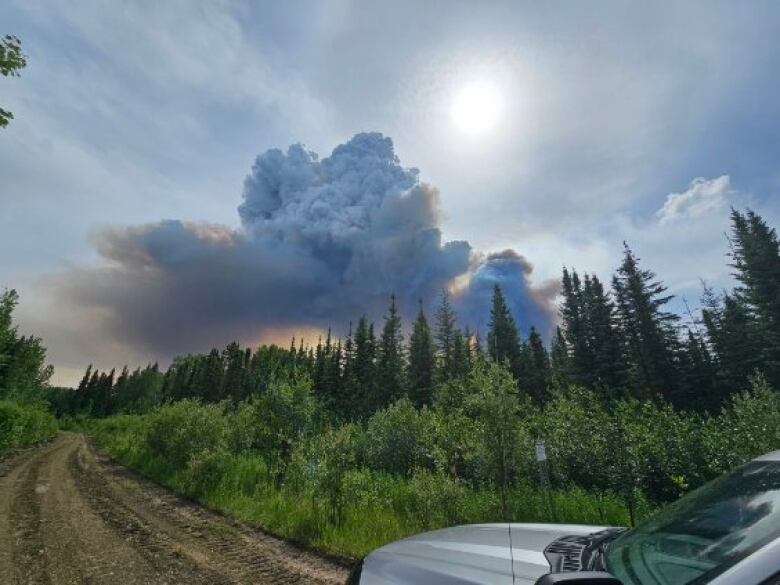 A plume of smoke is visible in the distance behind trees in a photograph taken from beside a silver car on a dirt road. 