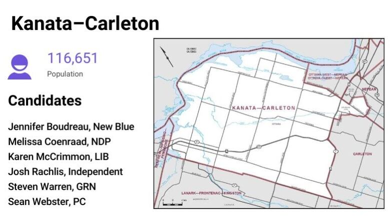 A ward map and list of candidates in the Kanata-Carleton byelection.